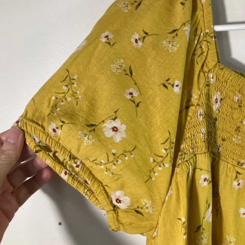 Womens Old Navy Puff Sleeve‎ Ruched Top Floral Blouse Mustard XS Cotton Rayon